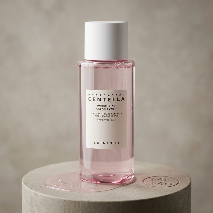بطری شفاف تونر صورتی رنگ از برند اسکین ۱۰۰۴ با برچسب 'Madagascar Centella Poremizing Clear Toner' روی پایه بتنی قرار گرفته و مقداری تونر ریخته شده است.